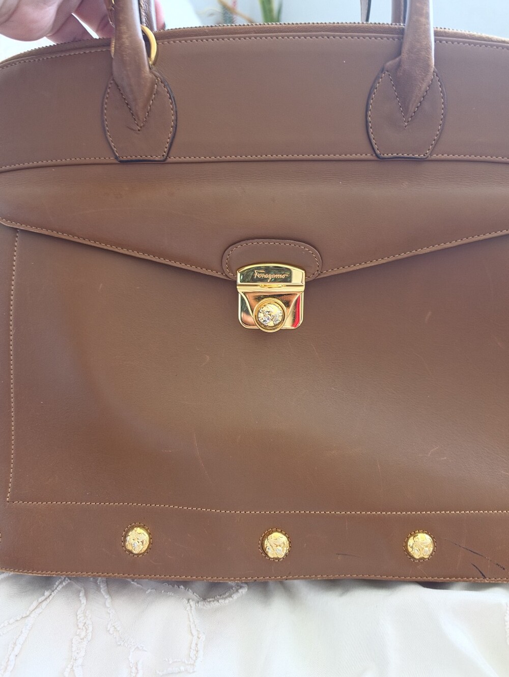 Salvatore Ferragamo Brown Leather Satchel with Gold-Tone Clasp - Picture 2 of 10